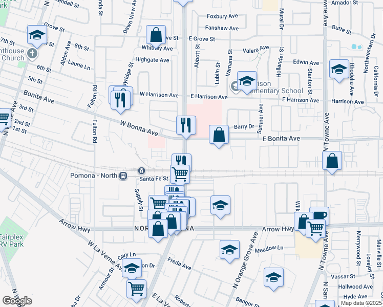 map of restaurants, bars, coffee shops, grocery stores, and more near 2720 North Garey Avenue in Pomona