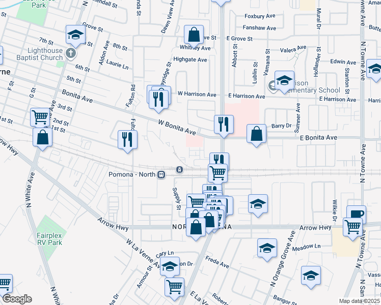 map of restaurants, bars, coffee shops, grocery stores, and more near 280 West Bonita Avenue in Pomona