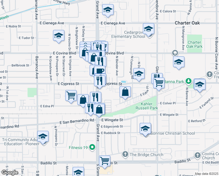 map of restaurants, bars, coffee shops, grocery stores, and more near 19530 Cypress Street in Covina