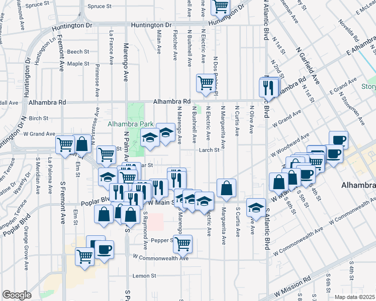 map of restaurants, bars, coffee shops, grocery stores, and more near 1620 Larch Street in Alhambra