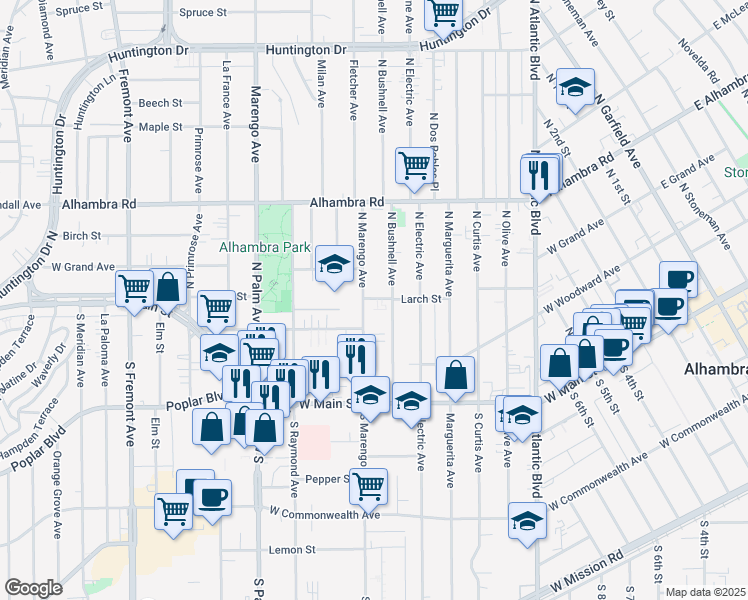 map of restaurants, bars, coffee shops, grocery stores, and more near 1620 Larch Street in Alhambra
