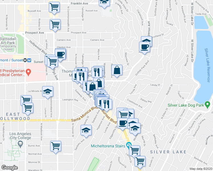 map of restaurants, bars, coffee shops, grocery stores, and more near 1218 Manzanita Street in Los Angeles