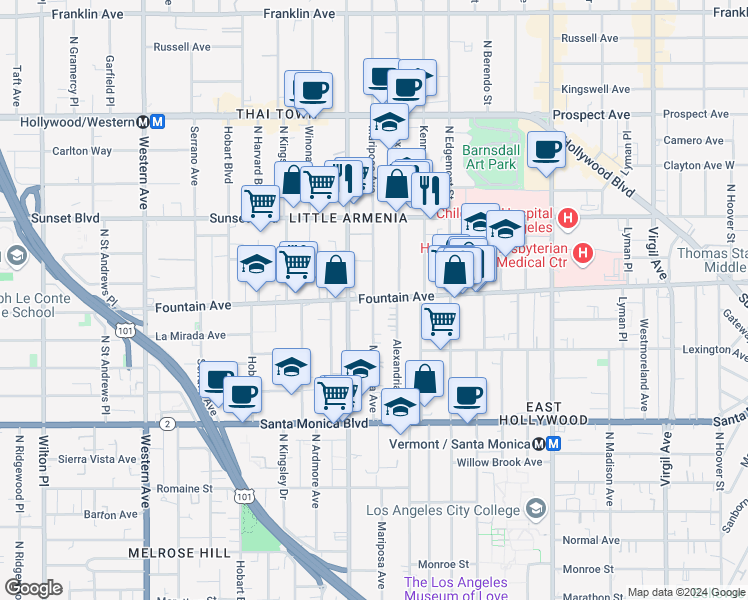 map of restaurants, bars, coffee shops, grocery stores, and more near 1256 North Mariposa Avenue in Los Angeles