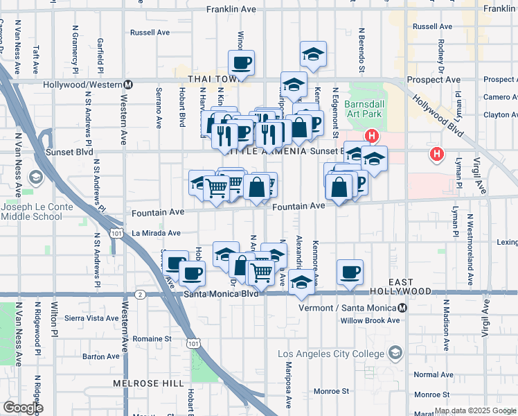 map of restaurants, bars, coffee shops, grocery stores, and more near in Los Angeles
