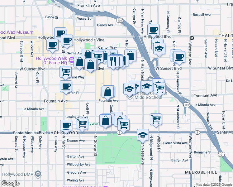 map of restaurants, bars, coffee shops, grocery stores, and more near 1316 1/2 Gordon Street in Los Angeles