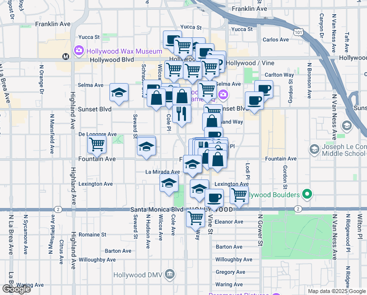 map of restaurants, bars, coffee shops, grocery stores, and more near 1331 Cole Avenue in Los Angeles