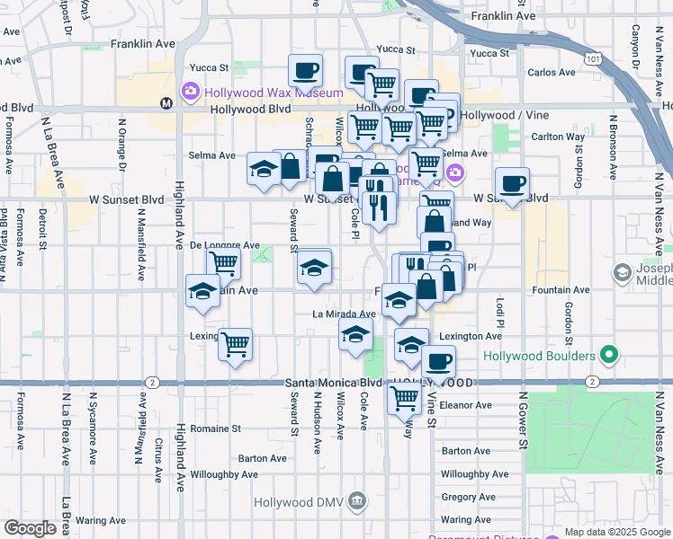 map of restaurants, bars, coffee shops, grocery stores, and more near 6501 Fountain Avenue in Los Angeles