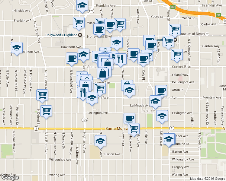 map of restaurants, bars, coffee shops, grocery stores, and more near 1320 North Cherokee Avenue in Los Angeles