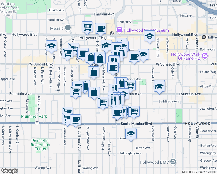 map of restaurants, bars, coffee shops, grocery stores, and more near 1322 North Citrus Avenue in Los Angeles