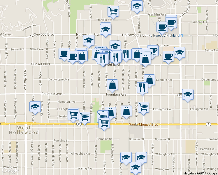 map of restaurants, bars, coffee shops, grocery stores, and more near 1321 North Poinsettia Place in Los Angeles