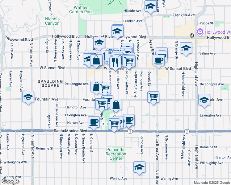 map of restaurants, bars, coffee shops, grocery stores, and more near 1323 North Fuller Avenue in Los Angeles