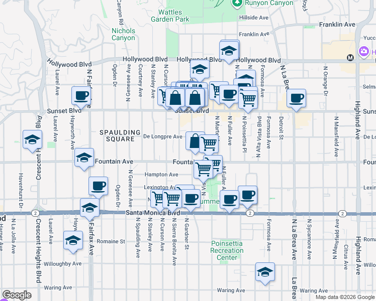 map of restaurants, bars, coffee shops, grocery stores, and more near in Los Angeles
