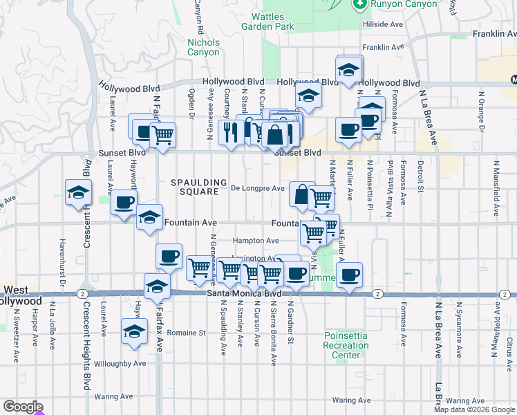 map of restaurants, bars, coffee shops, grocery stores, and more near 1317 North Stanley Avenue in Los Angeles