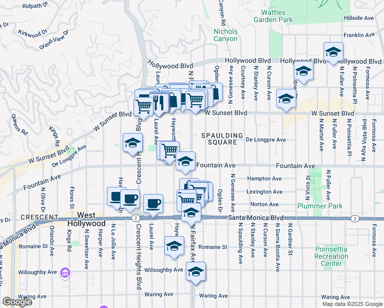 map of restaurants, bars, coffee shops, grocery stores, and more near 1319 North Fairfax Avenue in West Hollywood