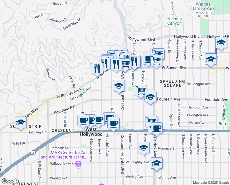 map of restaurants, bars, coffee shops, grocery stores, and more near 1305 North Crescent Heights Boulevard in West Hollywood