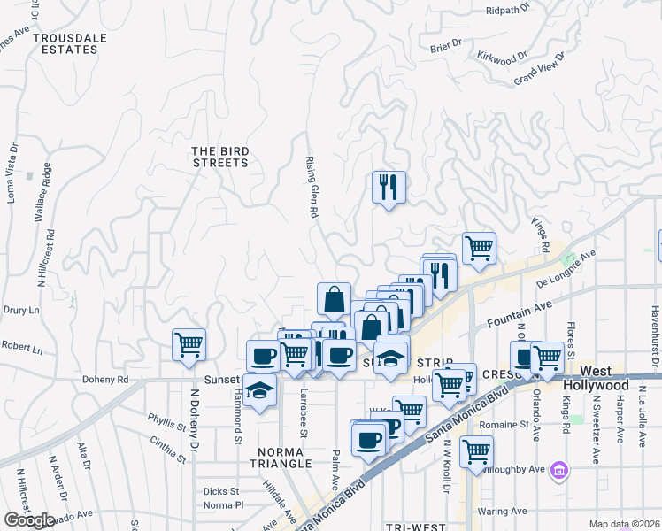 map of restaurants, bars, coffee shops, grocery stores, and more near 1301 Sunset Plaza Drive in Los Angeles