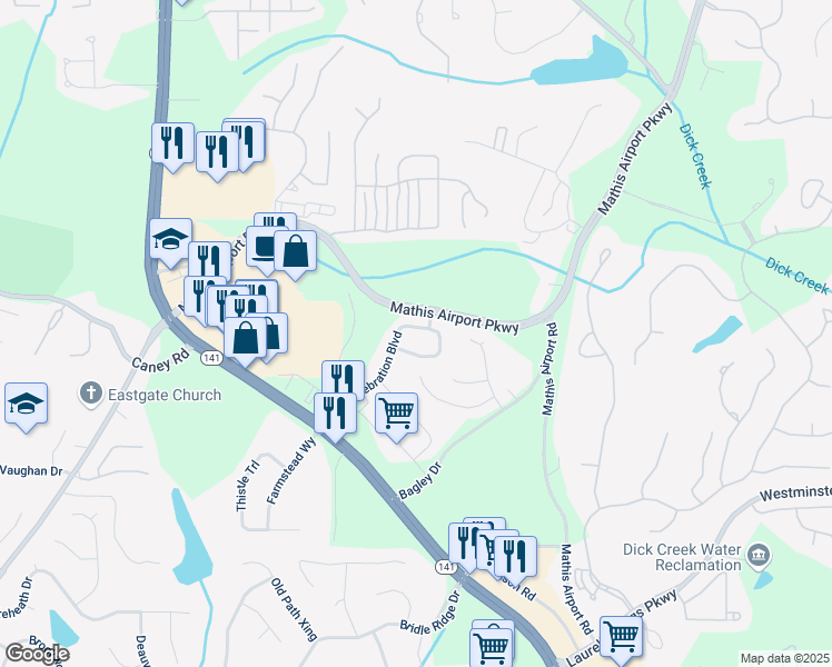 map of restaurants, bars, coffee shops, grocery stores, and more near 3220 Celebration Boulevard in Suwanee