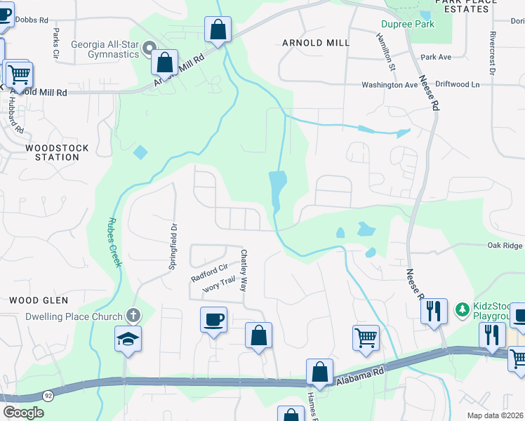 map of restaurants, bars, coffee shops, grocery stores, and more near 508 Rokeby Drive in Woodstock