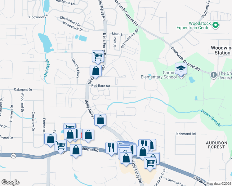 map of restaurants, bars, coffee shops, grocery stores, and more near 116 Red Barn Lane in Acworth
