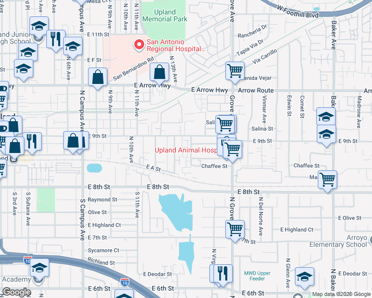 map of restaurants, bars, coffee shops, grocery stores, and more near in Upland