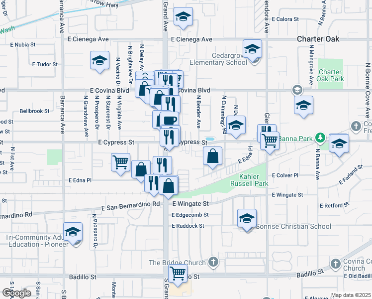 map of restaurants, bars, coffee shops, grocery stores, and more near in Covina