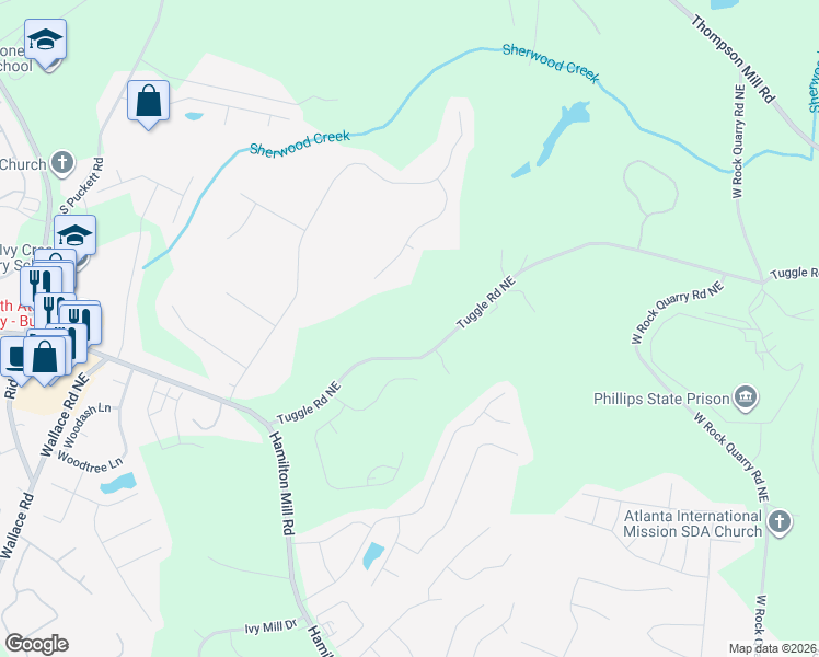 map of restaurants, bars, coffee shops, grocery stores, and more near 3650 Tuggle Road Northeast in Buford