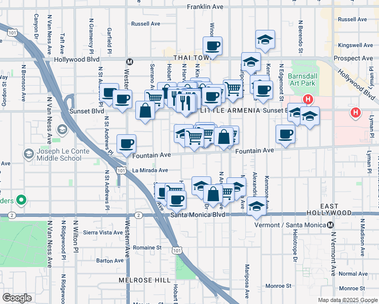 map of restaurants, bars, coffee shops, grocery stores, and more near 5257 Fountain Avenue in Los Angeles