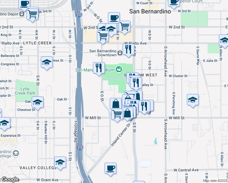 map of restaurants, bars, coffee shops, grocery stores, and more near West Velarde Street in San Bernardino