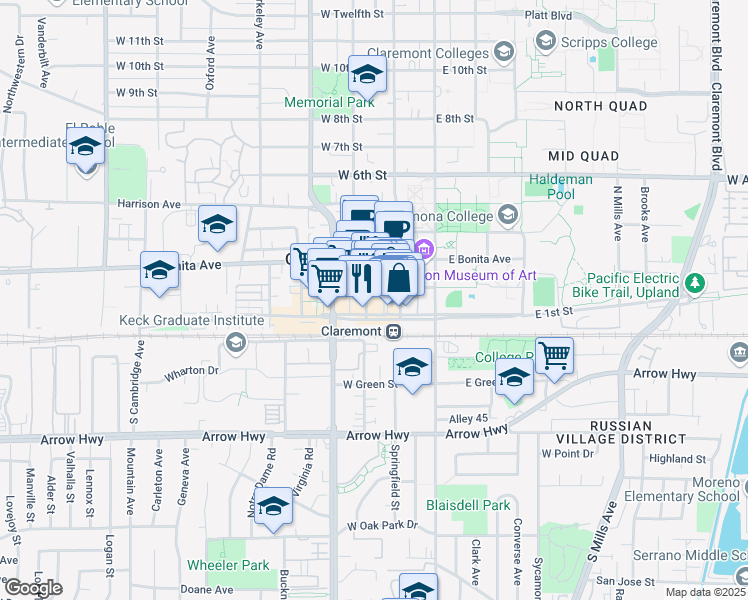 map of restaurants, bars, coffee shops, grocery stores, and more near 128 Yale Avenue in Claremont