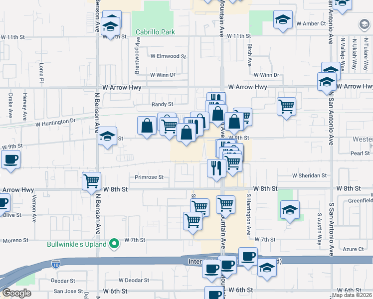 map of restaurants, bars, coffee shops, grocery stores, and more near in Upland