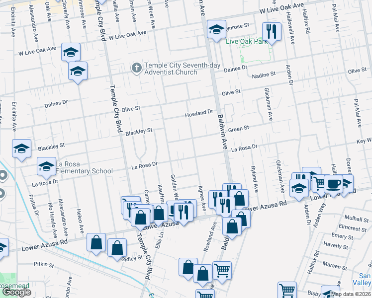 map of restaurants, bars, coffee shops, grocery stores, and more near 5118 Ardenel Avenue in Temple City