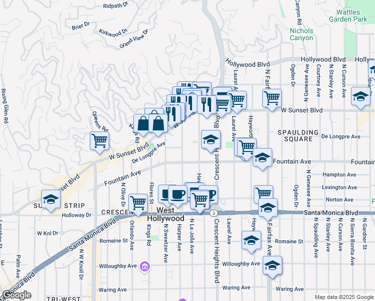 map of restaurants, bars, coffee shops, grocery stores, and more near in West Hollywood