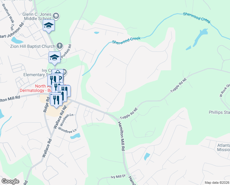 map of restaurants, bars, coffee shops, grocery stores, and more near 3270 Haddon Hall Drive in Buford