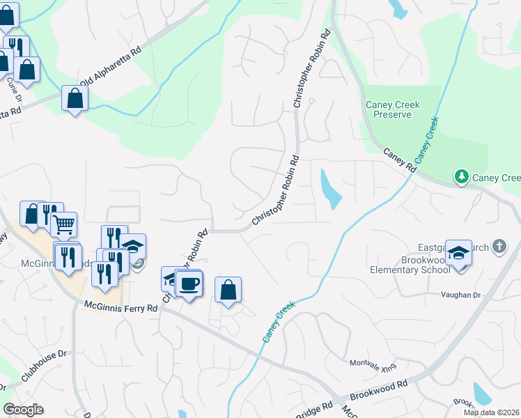 map of restaurants, bars, coffee shops, grocery stores, and more near 1300 Rosewood Drive in Alpharetta
