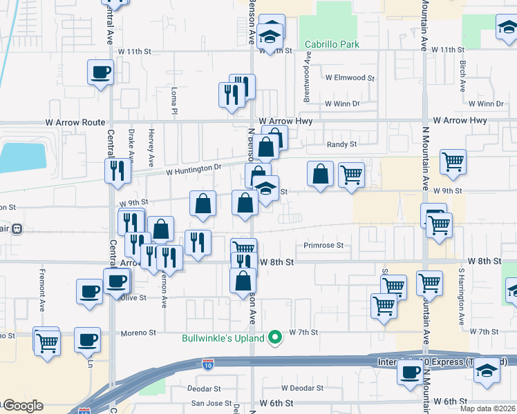 map of restaurants, bars, coffee shops, grocery stores, and more near 155 North Benson Avenue in Upland