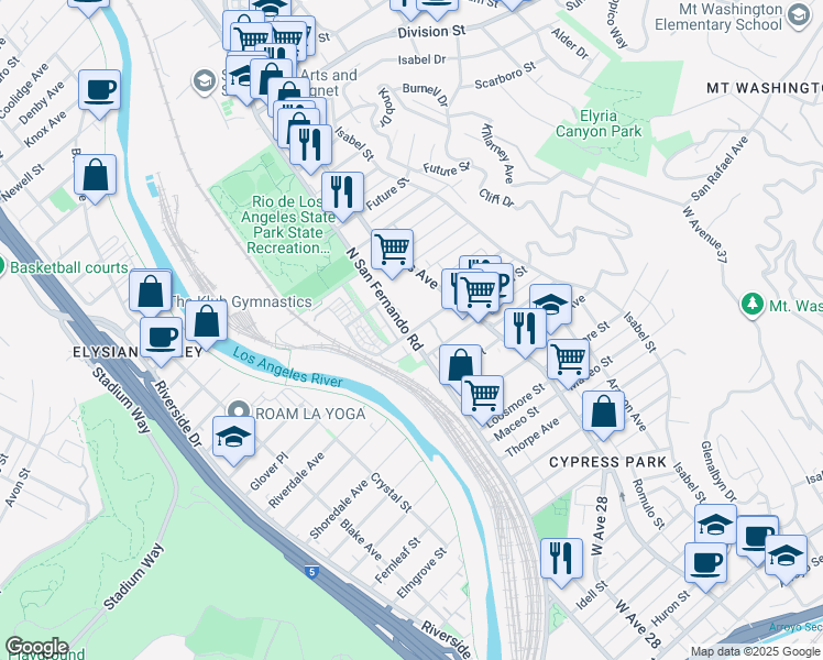 map of restaurants, bars, coffee shops, grocery stores, and more near 1261 North San Fernando Road in Los Angeles