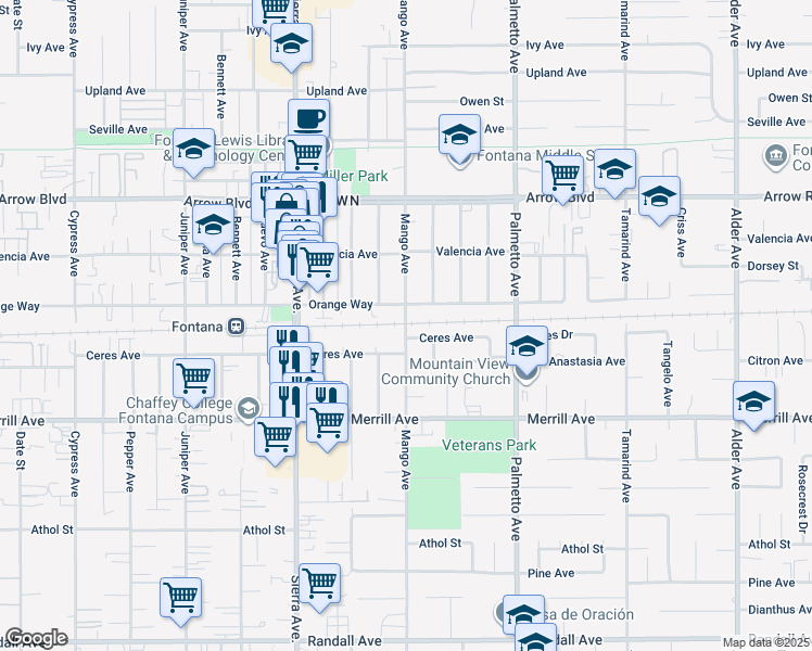 map of restaurants, bars, coffee shops, grocery stores, and more near 8740 Mango Avenue in Fontana