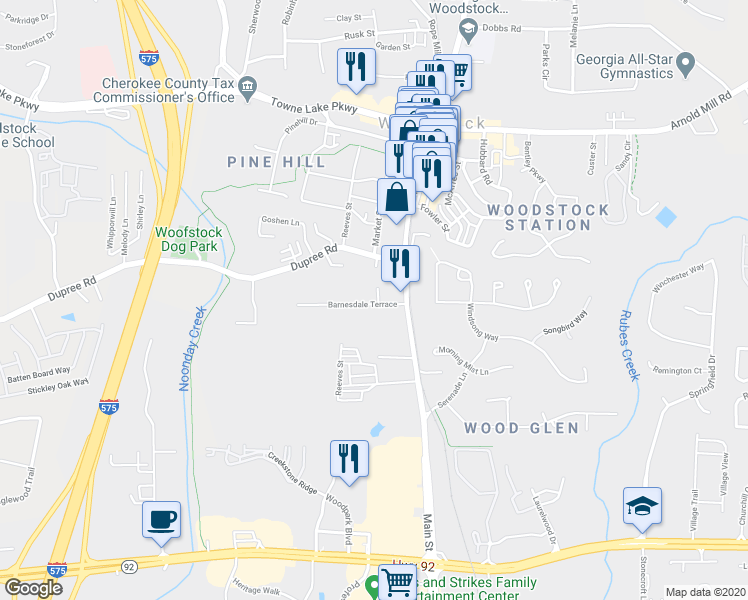map of restaurants, bars, coffee shops, grocery stores, and more near 108 Barnesdale Terrace in Woodstock