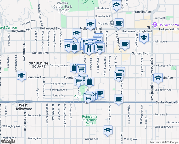 map of restaurants, bars, coffee shops, grocery stores, and more near in West Hollywood
