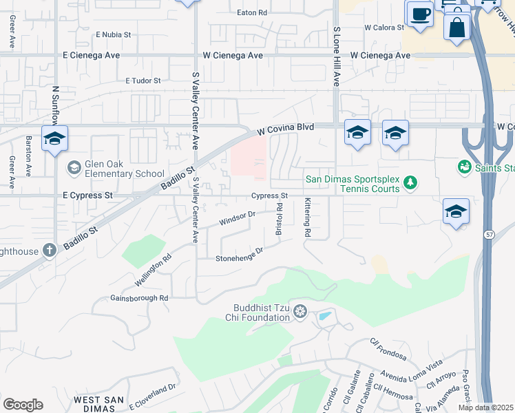map of restaurants, bars, coffee shops, grocery stores, and more near 1347 Windsor Drive in San Dimas