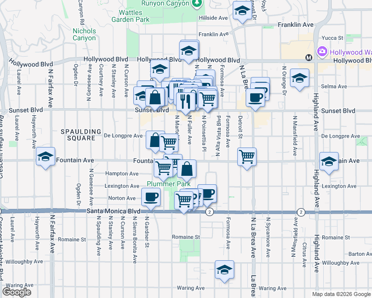 map of restaurants, bars, coffee shops, grocery stores, and more near 1327 North Fuller Avenue in West Hollywood
