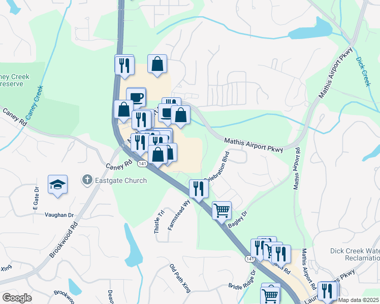 map of restaurants, bars, coffee shops, grocery stores, and more near 2635 Peachtree Parkway in Suwanee
