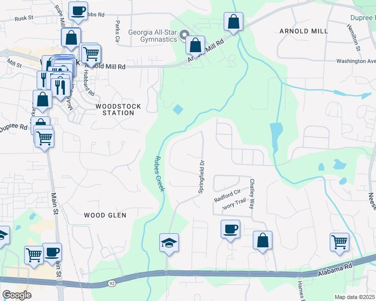 map of restaurants, bars, coffee shops, grocery stores, and more near 608 Caliber Court in Woodstock