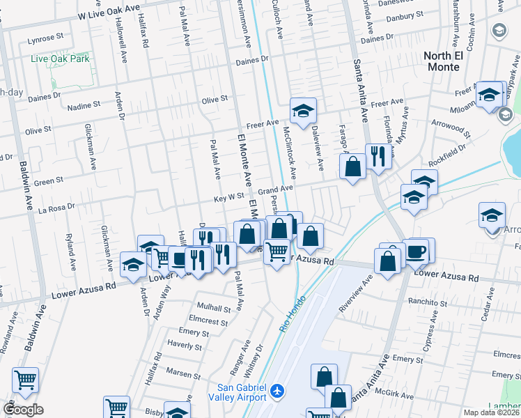 map of restaurants, bars, coffee shops, grocery stores, and more near 4928 El Monte Avenue in Temple City