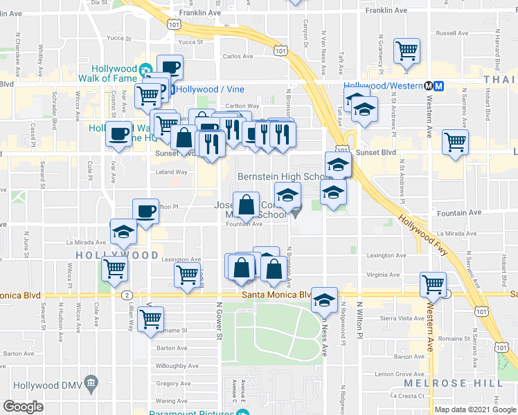 map of restaurants, bars, coffee shops, grocery stores, and more near 1328 Gordon Street in Los Angeles