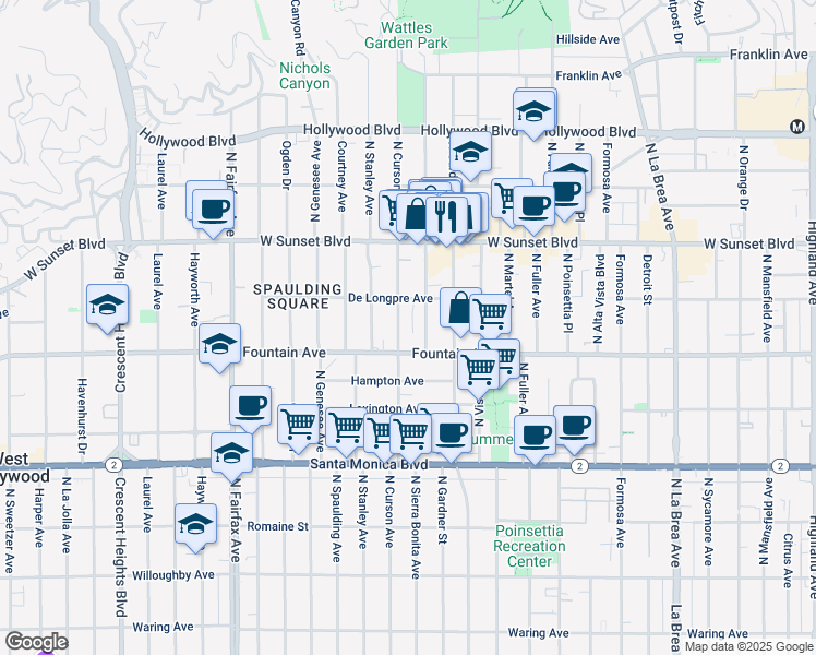 map of restaurants, bars, coffee shops, grocery stores, and more near 1322 North Curson Avenue in Los Angeles