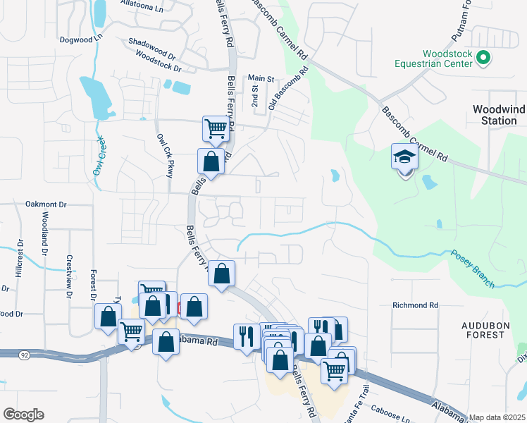 map of restaurants, bars, coffee shops, grocery stores, and more near 117 Red Barn Lane in Acworth