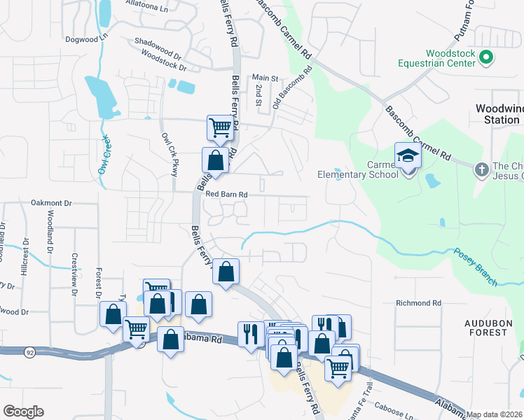 map of restaurants, bars, coffee shops, grocery stores, and more near 116 Red Barn Lane in Acworth