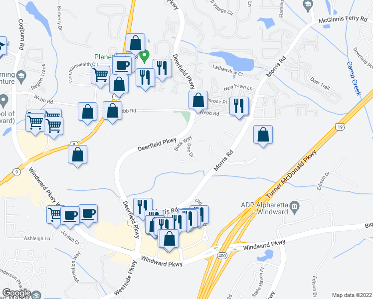 map of restaurants, bars, coffee shops, grocery stores, and more near 12814 Doe Drive in Alpharetta