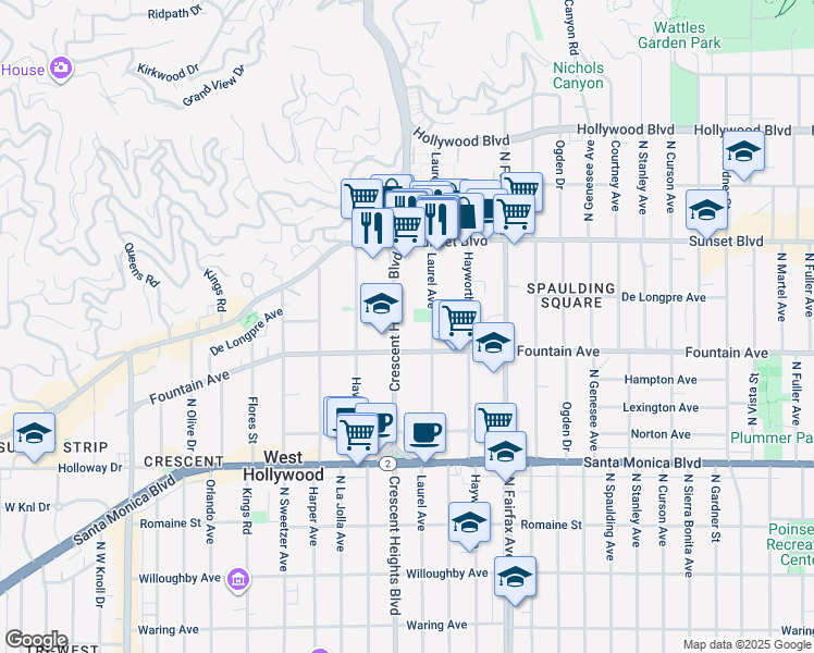 map of restaurants, bars, coffee shops, grocery stores, and more near 1330 North Crescent Heights Boulevard in West Hollywood
